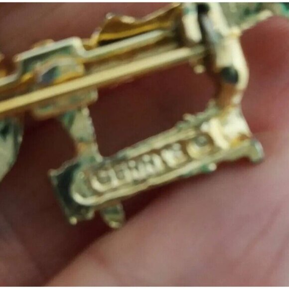 Vintage Gold-Toned Old Fashioned Rotary Telephone Brooch With Green Rhinestones - Picture 4 of 11